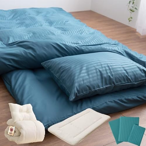 日本製 快適睡眠 布団セット かため 和 3点 セット 掛布団 枕 敷布団 高反発 ウレタン 内蔵 AQUA + 布団カバー ブルーグリーン