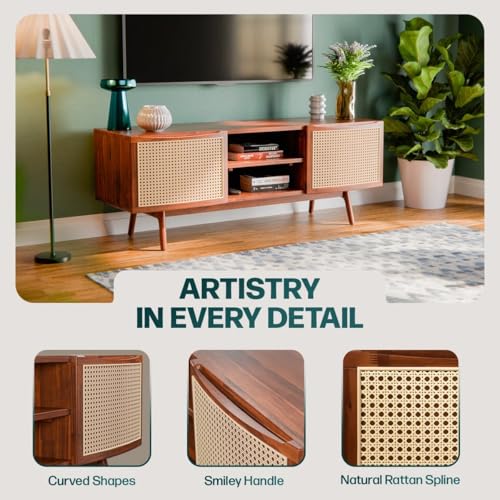Image of MISAN Modern TV Table | Solid Sheesham Wood Sideboard TV Unit for Living Room, Bedroom, Office Furniture Stand | Wooden Free Standing Entertainment Unit Side Board Table with Storage (E-Hony)
