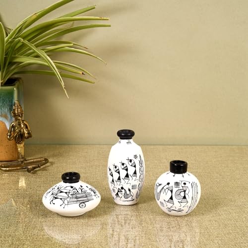 Image of Aakriti Art Creations Artisanal Charm Vase Set of 3 | Hand-Painted Warli Art Terracotta Vases in White | Matte Finish Decorative Vases for Living Room, Table Decor & Gifting