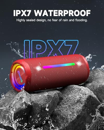 Image of OHAYO Bluetooth Speaker, Portable Wireless, IPX7 Waterproof, Powerful 25W Sound, 24H Playtime, Dual Pairing, Active Bass, Colorful Lights, Bluetooth 5.3, Outdoor Speakers for Home /Party /Beach, Red