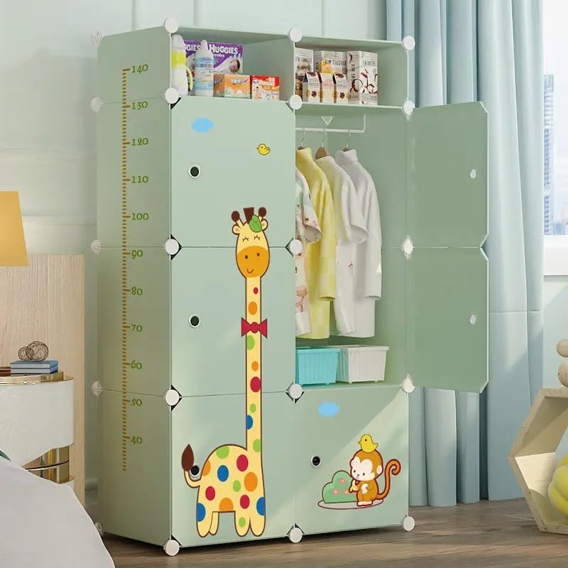 ELINDOR Almirah for Clothes, 8 Door Soft Sheet Wardrobe for Kids Clothes/Toys/Books, Baby Storage Organizer, Cupboard for Clothes, Cartoon Wardrobe for Kids Bedroom (Green, 6 Door)