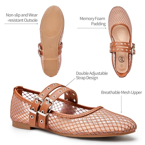 Trary Ballet Flats for Women,Mesh Mary Jane Shoes,Double Buckle Strap Spring Summer Shoes Comfortable Dressy4