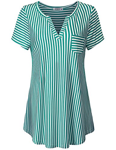 MOQIVGI Designer Tops for Women, Juniors Cute Comfy Stripe Shirt Nice Easy Fit Semi Formal Career Blouse Stylish Short Sleeve Split V Neck Breezy Swing Tunic Green White Large