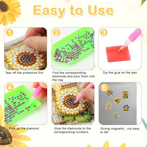 Image of PATPAT 6 Pcs DIY Sunflower Fridge Magnet Diamond Art Kit, 6-Designs Art Refrigerator Magnet Diamonds Paint Ornament Home Decor, Home Decorative Diamond Painting Kit for Kids & Adults