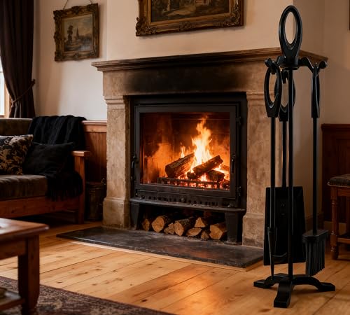 Kingson Cast Iron Fireplace Companion Set 4-Piece Fireside Tool Set with Brush Shovel Poker & Stand Sturdy Traditional Design Height 63.5cm Black Iron Finish