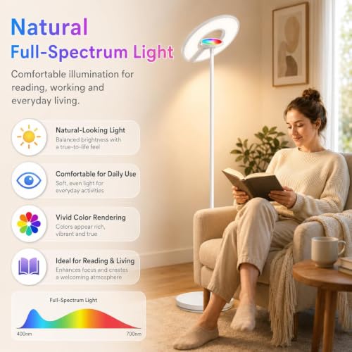 2-in-1 Full Spectrum LED Floor Lamp with Remote, 76'' Tall 350° Adjustable 4100LM Super Bright Reading Lamp with RGB Ambient Glow,Stepless Dimming & 5CCT Modern Standing Lamps for Living Room, Bedroom - image 2