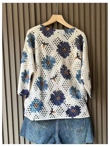GORGLITTER Women's Hollow Out Floral Crochet Sweater V Neck 3/4 Sleeve Boho Knitwear Tops2