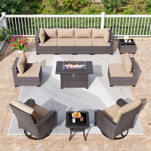 Image of 11 Pieces Outdoor Patio Furniture Set,Outdoor Sectional Furniture with 43 inch 55000 BTU Gas Propane Fire Pit Table,PE Rattan Wicker Patio Conversation Set,Swivel Rocking Chairs Set,Sand