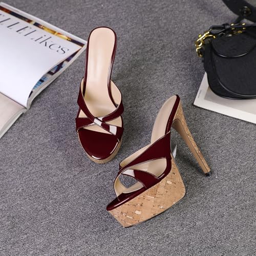 Image of Esvowido Heeled Mules for Women Cork Platform Stiletto Heels Slip on Open Toe High Heeled Sandals Crisscross Slippers Pumps Shoes