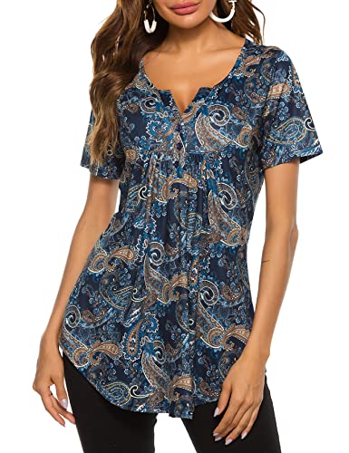 Halife Women's Floral Printed Short Sleeve Henley V Neck T-Shirt Pleated Casual Flowy Tunic Blouse Tops
