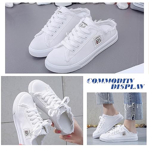 QZUnique Women's Canvas Sneakers, Slip-On Mule Backless Low Top Fashion Walking Shoes for Summer, White Lace up Casual Classic Comfortable Clipper Sneakers4