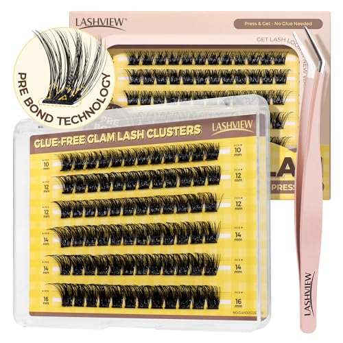 LASHVIEW Self Adhesive Lashes Clusters Eyelashes Press-on Lashes 10-16mm Individual Lash Extension Kit with Lash Tweezers No Glue Needed Natural Self Adhesive DIY Eyelash Extension Kit (F23)