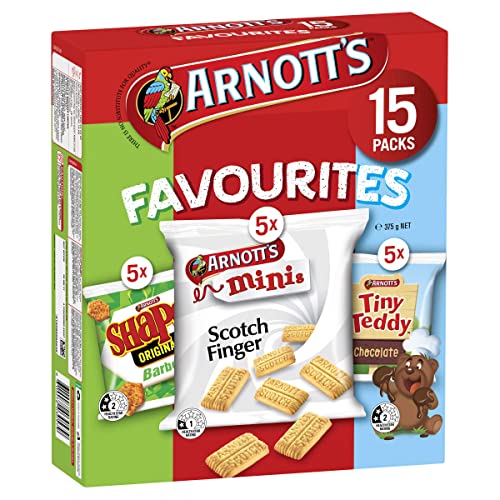 AUSTRALIAN MADE ARNOTT’S FAVOURITES MINIS BISCUITS BBQ SHAPES - SCOTCH FINGER - CHOCOLATE TINY TEDDY 15 PACKS 375g