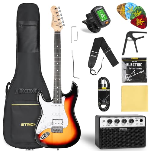 STRICH Electric Guitar Left Hand Beginner Kit, Solid Body 39' Electric Guitar HSS Pick Up for Starter, with 5W x 2 Amp, Bag, Capo, Strap, String,Cable, Picks, SST-S20L Sunburst