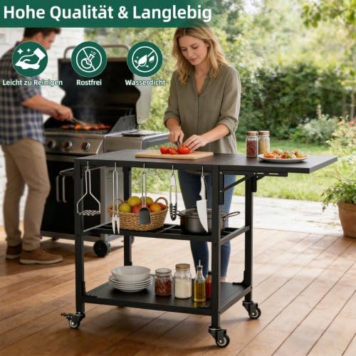 Carrello per barbecue da esterno per XL Big Green Egg, resistente alle intemperie e pieghevole, robusto carrello in metallo con ruote, ripiano e ganci per attrezzi, tavolo mobile per barbecue per