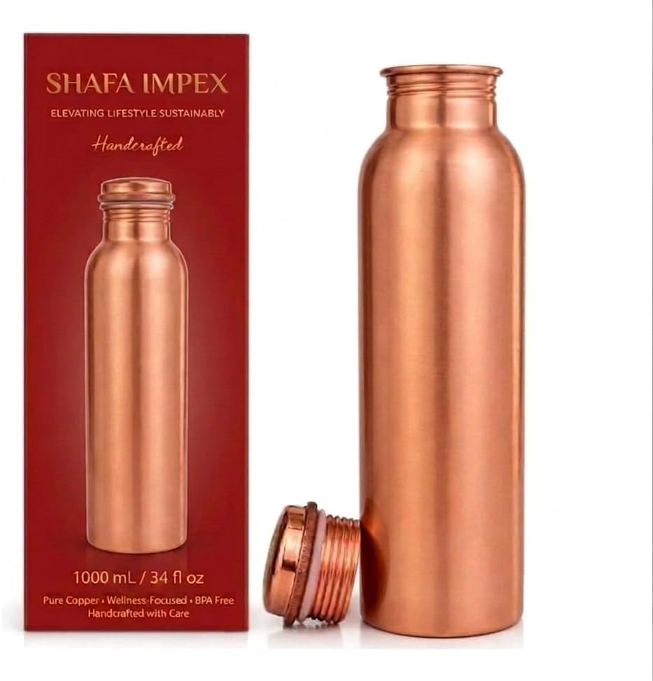 Ayurvedic Copper Water Bottle 34oz Handcrafted 100% Pure Copper Hammered Bottle for Drinking Leak Proof and Reusable Water Vessel (1005ml, Plain Bottle)