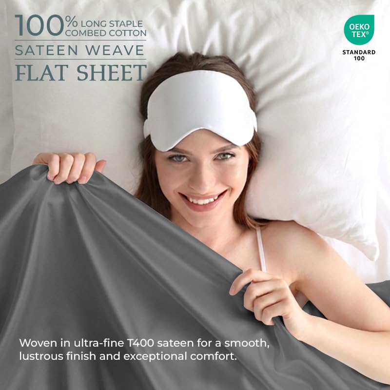 Image of Royale Linen 400 Thread Count 100% Cotton Flat Sheets Only - Cooling Sheets - Queen Flat Sheet Sold Separately - Luxury Sateen Weave - Breathable & Super Soft Top Sheet Only (Queen, Spanish Slate)