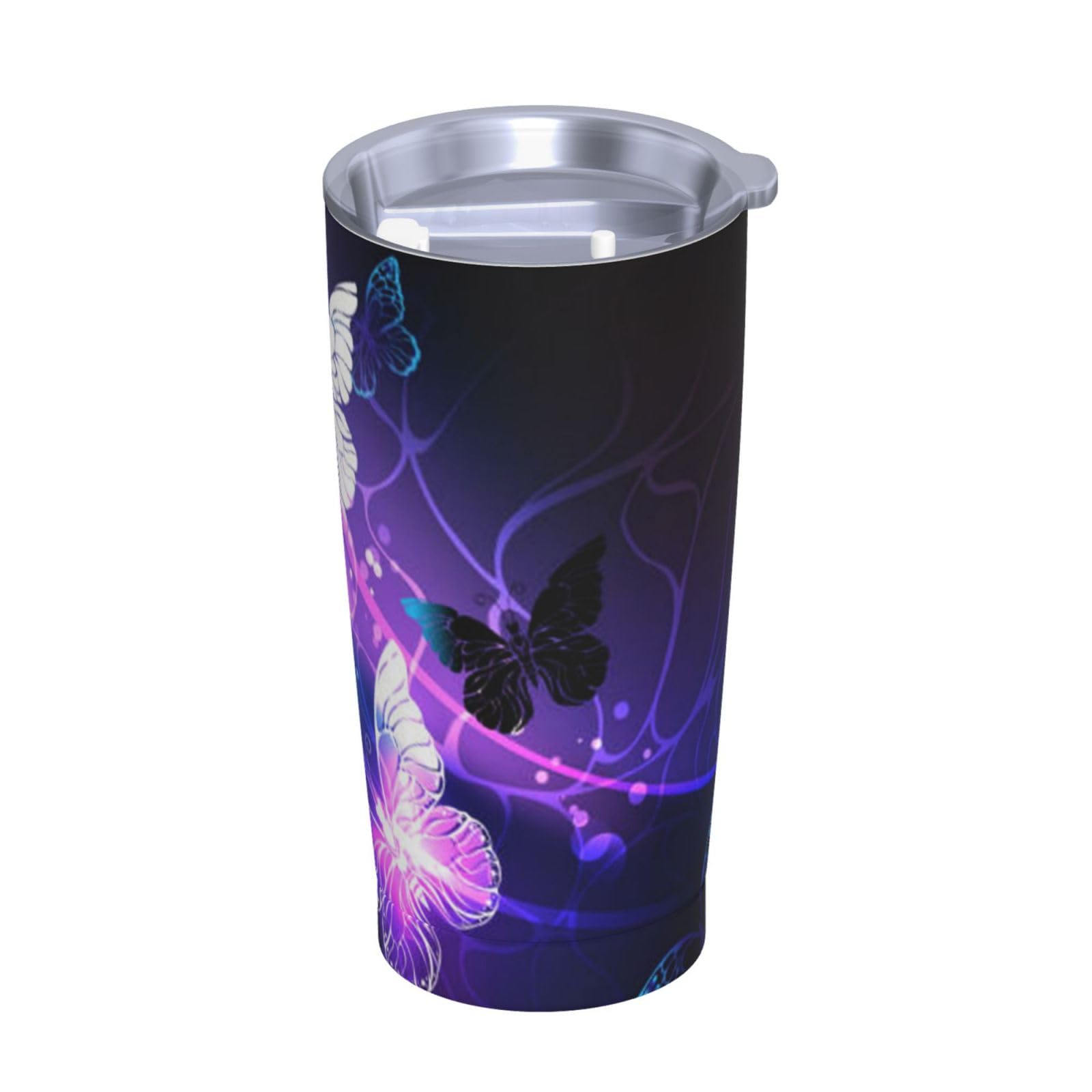 Tazza termica portatile con farfalle bianche e viola stampate in acciaio inossidabile
