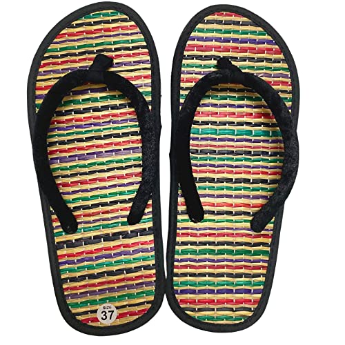 Women's Bamboo Flip Flop,Straw Beach Sandals Handmade,Straw Footwear (7, Rainbow)