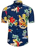 Camisa masculina havaiana Funky TUNEVUSE manga curta abacaxi / flor / estampa de papagaio camisas com botão 100% algodão, Guitar Print Navy, XX-Large