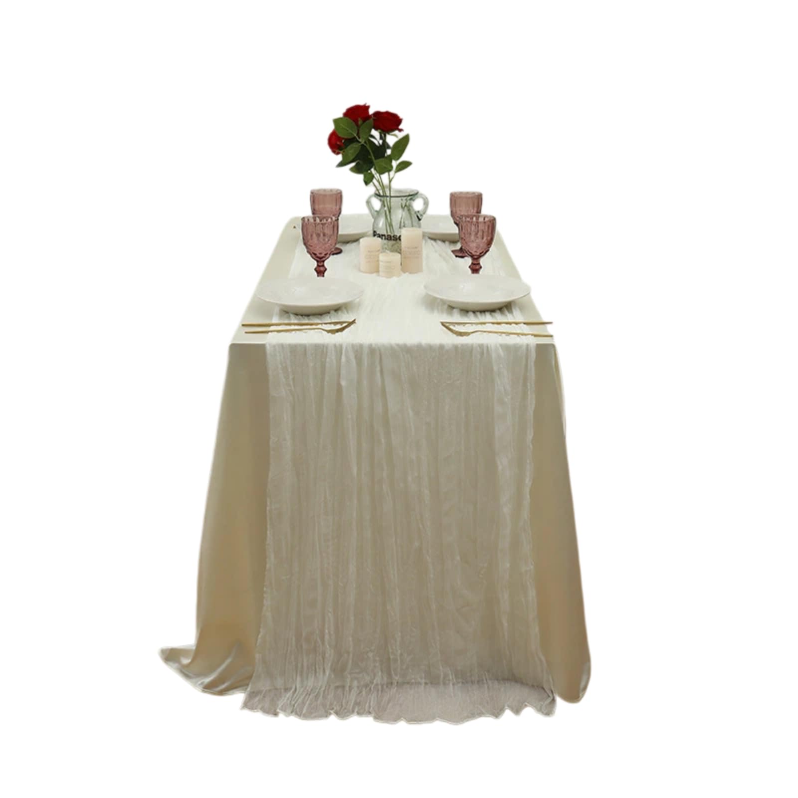 Crinkled Sheer Gauze Table Runner, Semi Transparent Boho Cheesecloth Table Runner for Wedding Birthday Dinner Party Bridal Shower Restaurant Table Decor