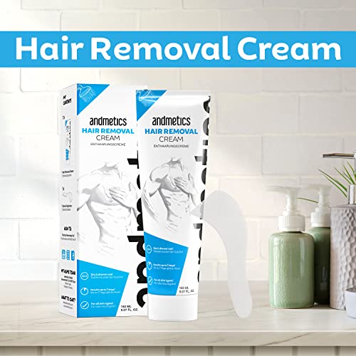 andmetics Haarentfernungscreme 2 in 1 für Herren | rasche und präzise Haarentfernung für Männer | 2 in 1 Anwendung nass und trocken anwendbar | 150 ml Tube mit Abziehspachtel | keine Schnitte mehr - Image 4