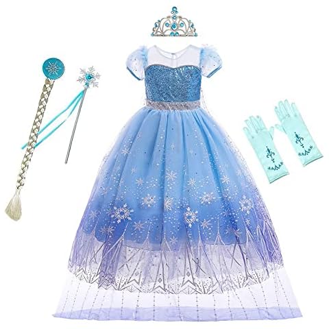 HOIZOSG Frozen Elsa Princess Dress Up for Girls Halloween Costume Christmas Birthday Party Tulle Ball Gown w/Accessories Blue 6-7T Cover