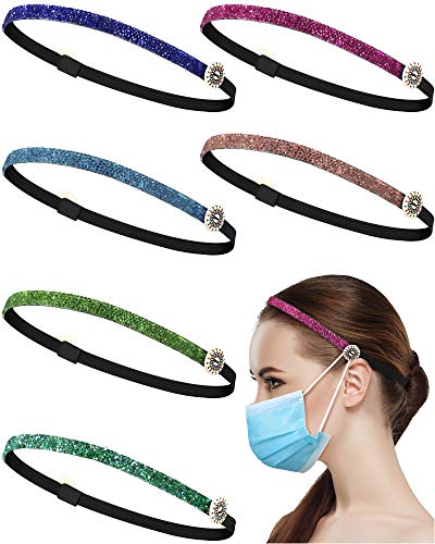 Waydress 6 Pieces Headbands with Buttons, Skinny Glitter Headband Non-slip Elastic Hair Band Button Headband Ear Protection Holder for Sports Yoga Workout (Chic Pattern)