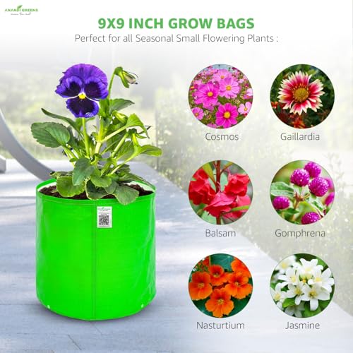 Image of Anandi Green's Premium Hdpe Uv Protected 260 GSM Round Shaped Green Colour Plants Grow Bags Suitable for Terrace and Vegetable Gardening 9x9 Inch Pack of 5