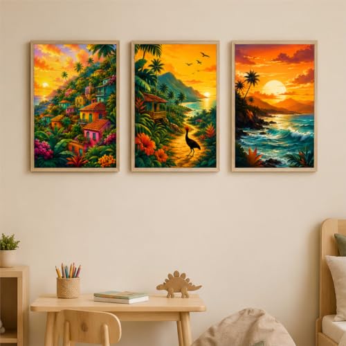 Image of Livin'luxe Set of 3 Tropical Sunset Landscape Wall Paintings for Living Room Dining Bedroom Home Decor with Premium Wooden Color Synthetic Frame (13.5 x 19.5 Inch) NM03-75