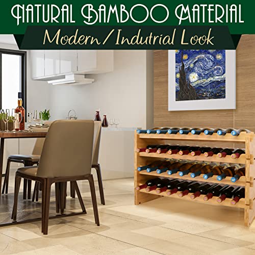 SereneLife Bamboo Stackable Wine Rack, 4-Tier 36 Bottle Capacity Wine Racks Free Standing Floor, No Tools Assembly, Modular Storage Display Shelf for Kitchen and Cellar 33.5" x 10" x 21" - Image 4