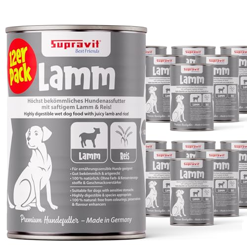 Supravit Nassfutter für Hunde I Hundefutter mit Lamm & Reis I 12 x 410g Dosen I Hunde Nassfutter I getreidefrei I besonders gut verdaulich und verträglich für den Hund
