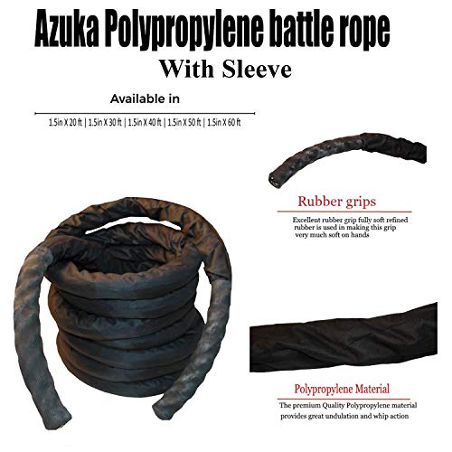 Image of AZUKA Battle Rope 50FT | Heavy Polypropylene Workout Rope with Protective Sleeves | 1.5 Inch Diameter (Black)