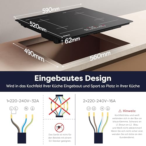 Foto von CIARRA CBBIH4BFF 4 Zonen Einbau Induktionskochfeld mit Zwei Flexzonen Power Booster Touch-Bedienung Kochfeld Induktion 4 Platten 9 Leistungsstufen Induktionskochplatte 60cm 7200W