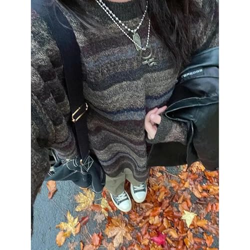 Image of Women Vintage Striped Pullover Sweater Y2k Long Sleeve Crew Neck Loose Knit Sweaters Fall Winter Knitwear