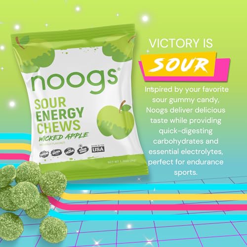 Image of Noogs Sour Energy Chews, Wicked Apple Electrolyte Energy Gummies, Sour Candy Flavored Alternative to Running Gels, Vegan, Gluten Free & Caffeine Free, 12 Pack