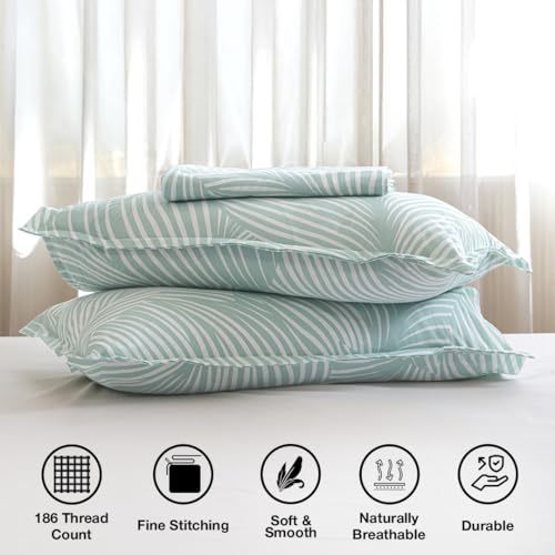 Image of HOMEMONDE 186 TC Soft Cotton Fitted Sheet Feather Printed Queen Size Elastic Fitted Bedsheet with Two Pillow Covers - (78 x 72 Inches, Mint Green Feather) | Perfect for Home Decor & Gifting