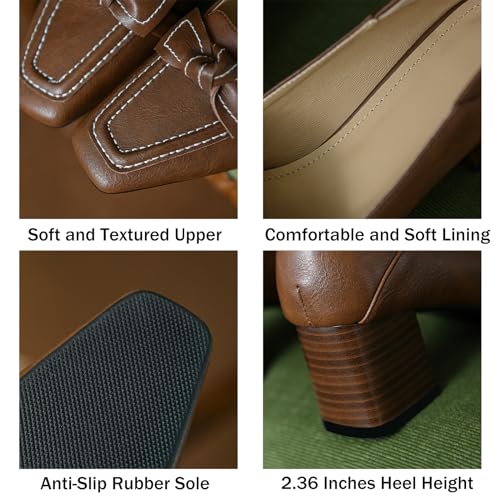 Women's Retro Leather Bow Tie Chunky Heel Pumps Shoes Slip On Classic Comfortable Square-Toe Loafers Dress Shoes Business Party Wedding Shoes2