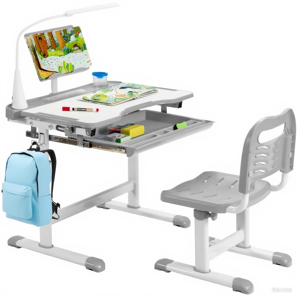 LIFEZEAL Bureau pour enfant réglable en hauteur avec chaise, bureau d'étudiant avec tiroir, support de livre et lampe de table, bureau pour lire, écrire et peindre (gris)