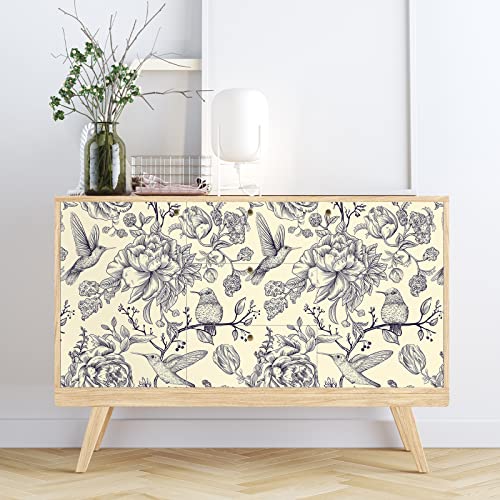 VEELIKE Peony and Bird Wallpaper 44.5cm×900cm Vintage Beige Floral Wallpaper Leaves Tropical Wall Mural Flower Contact Paper Peel and Stick Vinyl Cabinet Cover Worktop Bedroom Bathroom Removable - Image 3