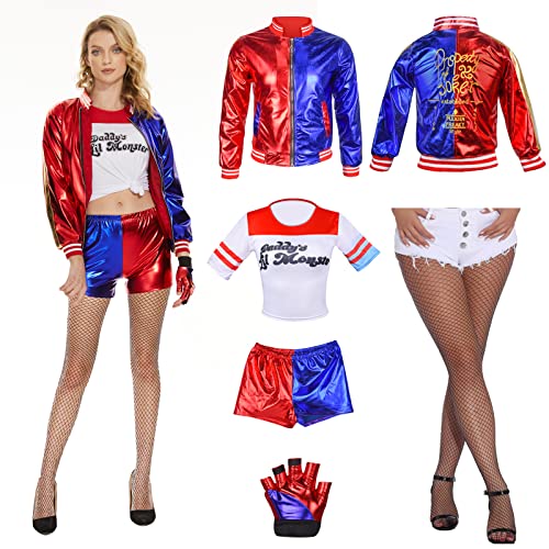 Hereneer Disfraz de Harley Quinn para Mujer, 5 Pcs Disfraz de Harley Quinn para Chicas Carnaval Niña Adulto con Camiseta, Chaqueta, Pantalón, Guantes, Cosplay Quinn Disfraz de Carnaval Hallowee (XL)