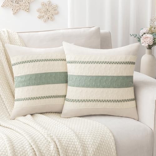 Laolitou Set of 2 Boho Throw Pillow Covers 18×18, Rustic Farmhouse Cotton Linen Soft Sage Green Decorative Pillow Cover for Living Room Sofa Bedroom Couch Cushions Home Decor