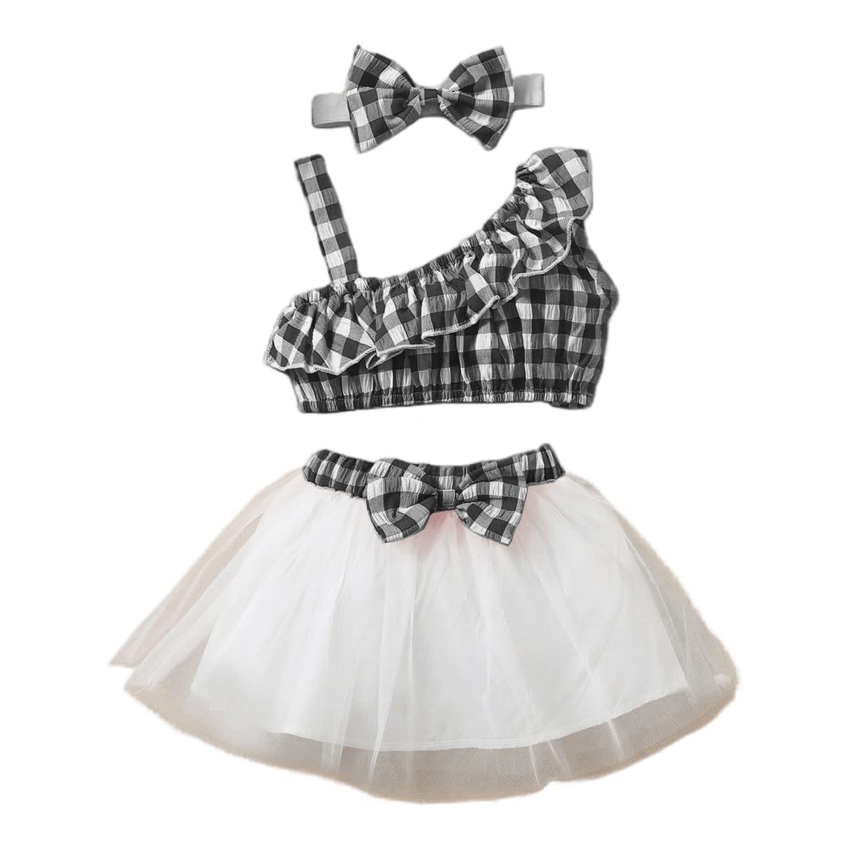 OMLIBaby Girls Check Printed One Shoulder Sleeveless Midi Top & Skirt with Bow Black
