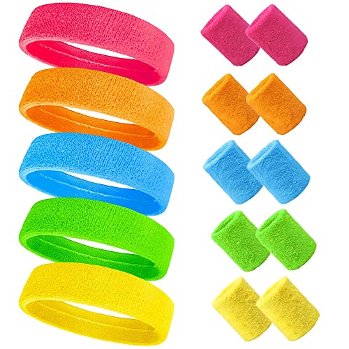UQTUKO Ensemble Bandeau de Sport et Serre-Poignets - 15 Pièces Fluo Anti-Transpiration - Accessoires Rétro Années 80 et 90 Pour Fête
