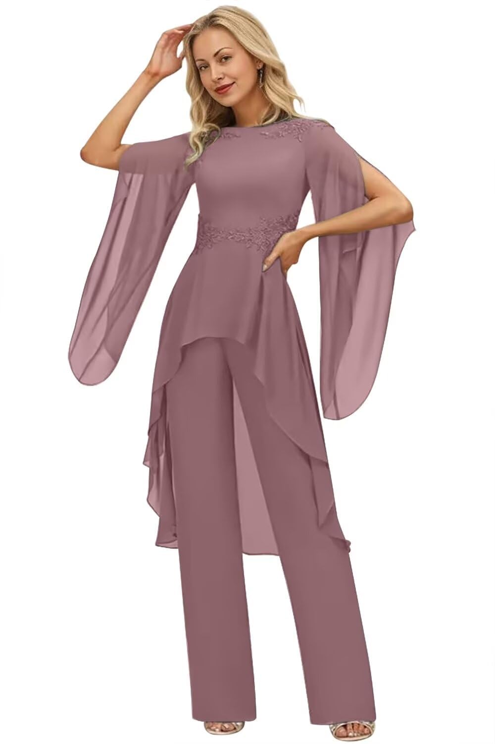 2 Pieces Jumpsuit Mother of The Bride Pant Suits for Wedding - Chiffon Lace Appliques Ruffle Long Prom