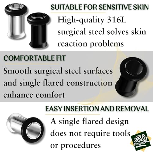 2 Pairs 316L Surgical Steel Black anodized Single Flared Piercing Jewelry Stretcher Ear Plug Earring Lobe Tunnel3