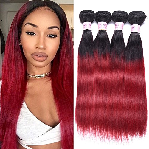 Aigemei Hair Peruvian Ombre Burgundy Hair Extensions Black To Red Straight Weave Two Tone 4 Bundles 14 16 18 20 Inches Total 200 Gram