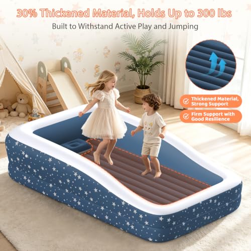 Image of Inflatable Toddler Bed for Travel Safety Guard Rails 300lb Capacity Blue | 360 Safety Rails prevent rolling. 20s fast inflation. Puncture-resistant PVC. Skin-friendly flocking. Ideal for travel