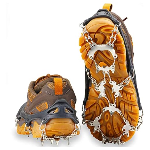 U UZOPI Traction Ice Cleat Crampons Snow Grips with 24 Anti-Slip Stainless Steel Spikes Safe Protect for Hiking Fishing Walking Climbing Jogging Mountaineering (Black, XL)