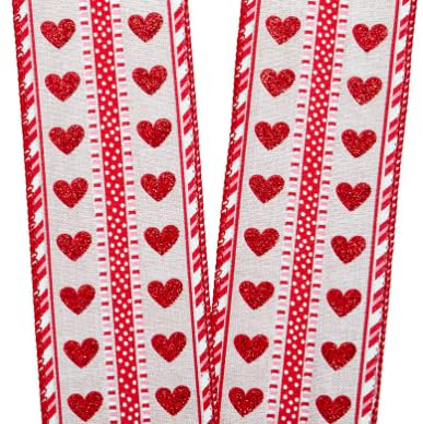 Image of Valentine Glitter Hearts & Dots Ribbon - 2 1 /2 inch x 10 Yards, Wired Edge, Red Glitter Hearts, Stripes, Polka Dots, Valentine's Day Decor, Wreath, Gift Wrap, I Love You, Gift Bow, Christmas
